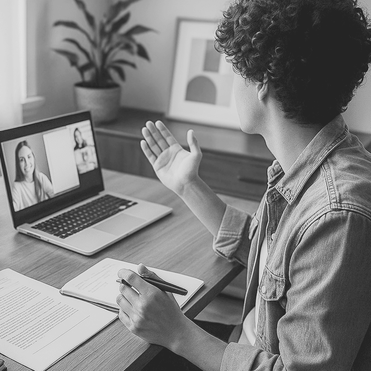 Dupla criativa em conversa via chamada de video, com materiais de design espalhados, representando direção criativa estratégica