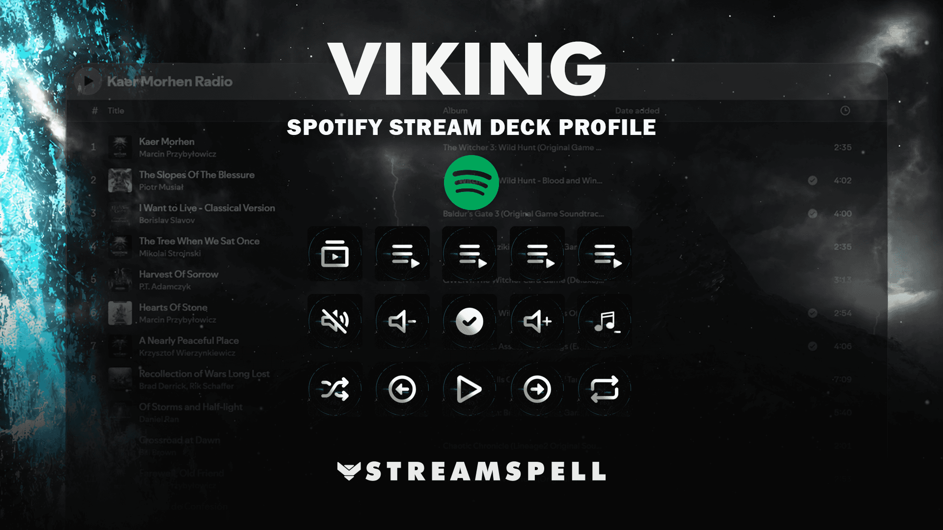 Viking Spotify Stream Deck Profile cover with dark Viking-inspired Spotify controls