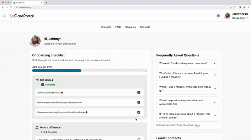 CarePortal desktop dashboard displaying onboarding checklist and frequently asked questions