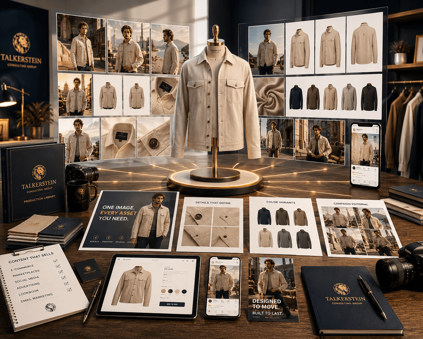 Premium fashion content production studio featuring a beige jacket displayed on a tailoring mannequin, surrounded by editorial campaign photography, e-commerce product images, fabric detail shots, color variants, social media assets, and digital storefront previews arranged as a complete fashion marketing system.