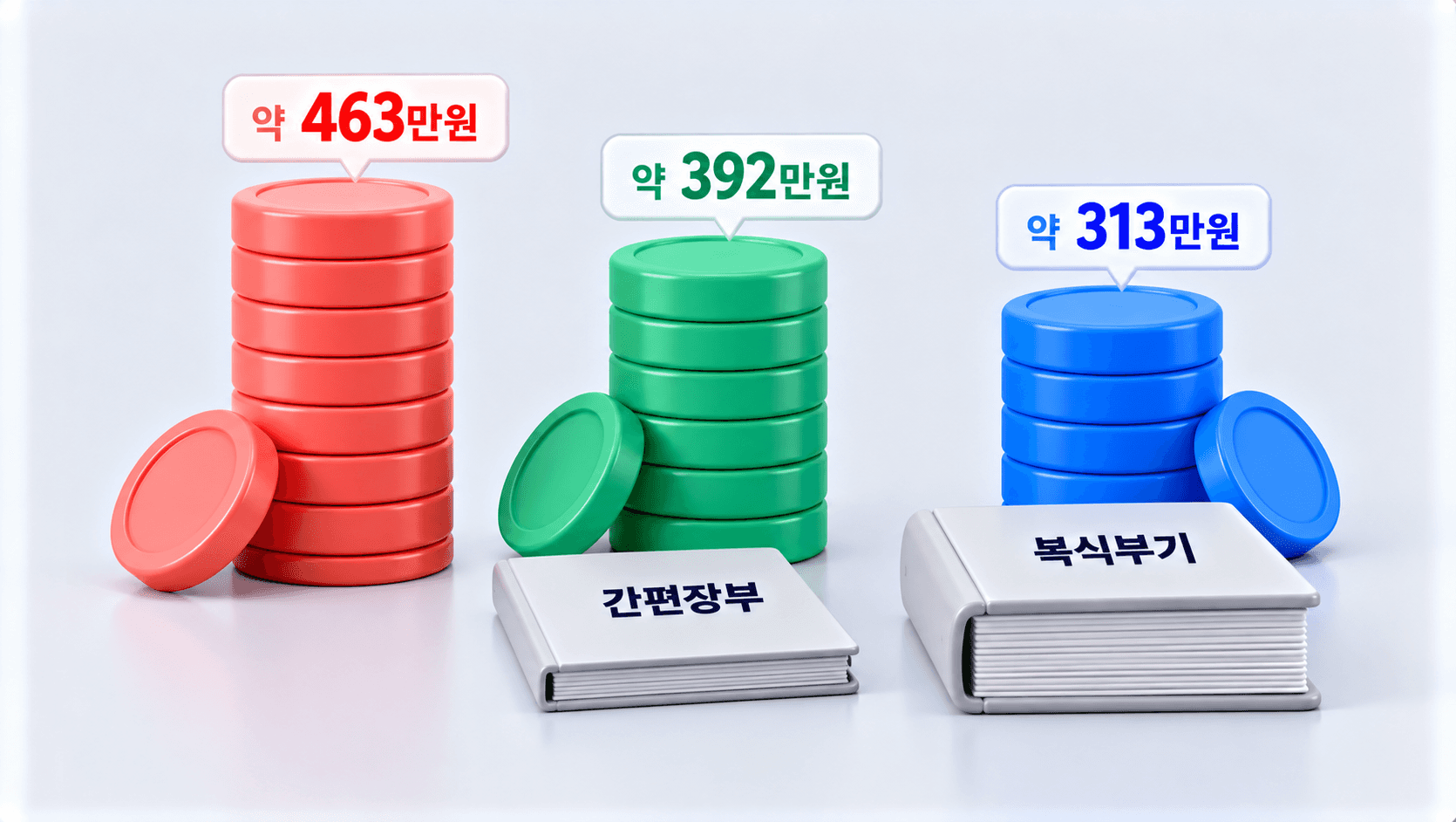 높이가 점점 낮아지는 동전 기둥 세 개와 그 앞에 놓인 장부 두 권
