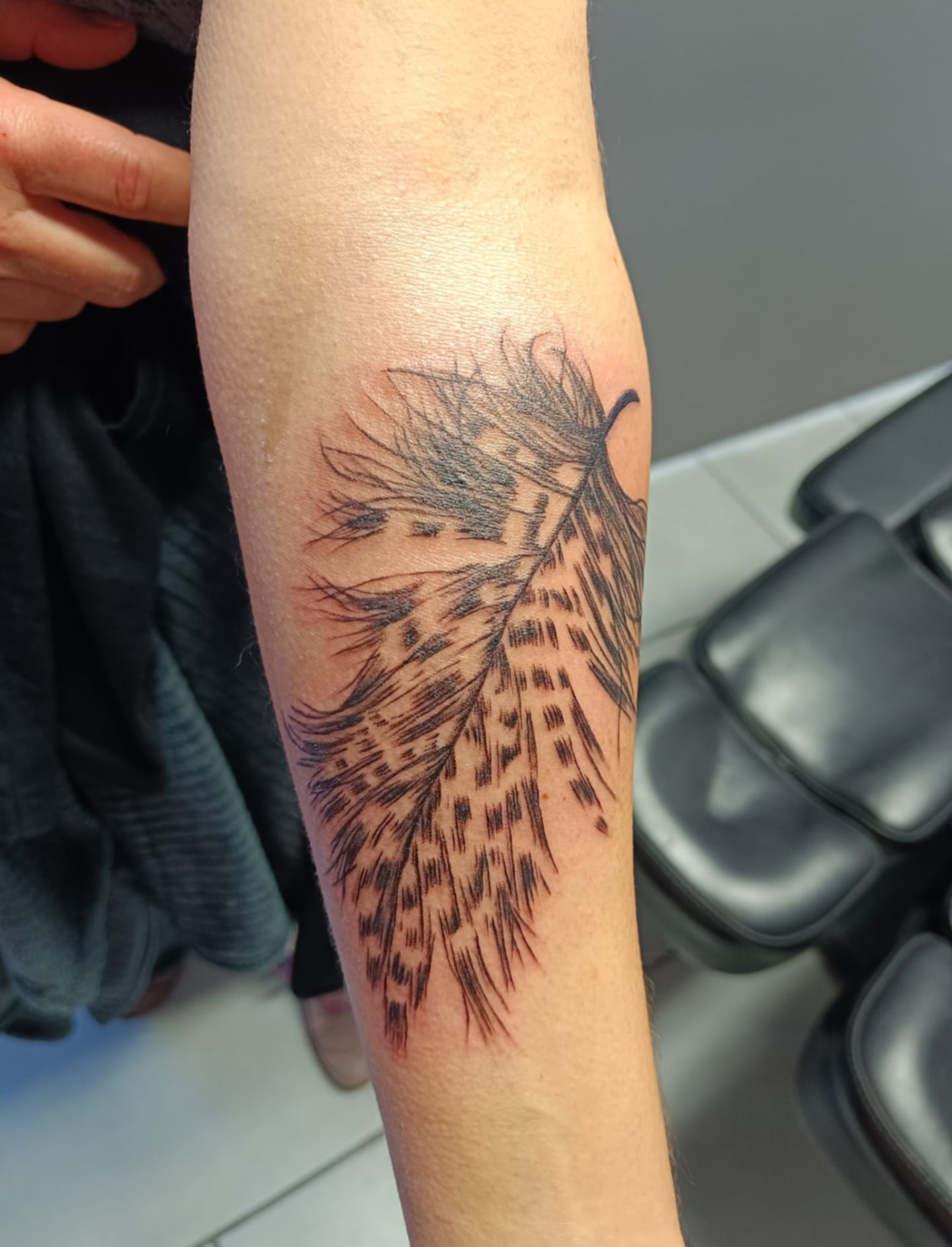 tatouage plume sur avant bras en noir