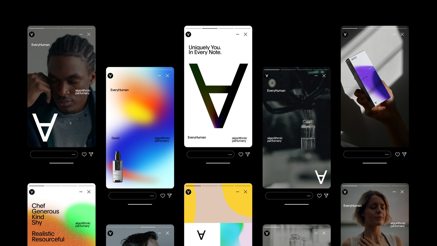 Collection of modern mobile UI cards with bold typography, gradients, and lifestyle imagery