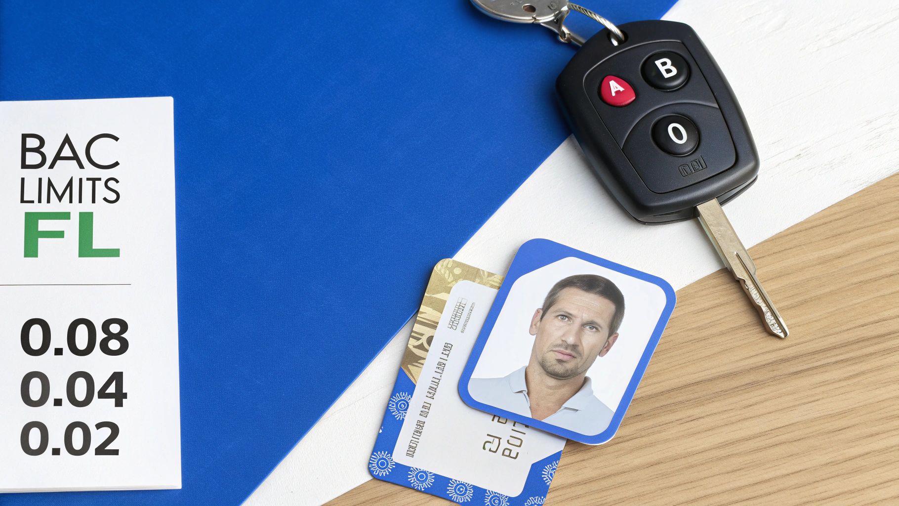 Paper displaying Florida's BAC limits, a car key, and a driver's license on a table.