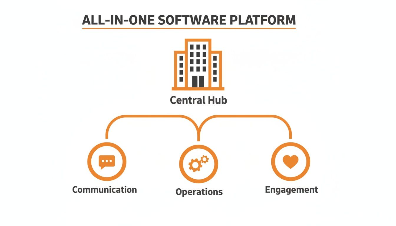 Diagram illustrating an all-in-one software platform with a central hub connecting communication, operations, and engagement.