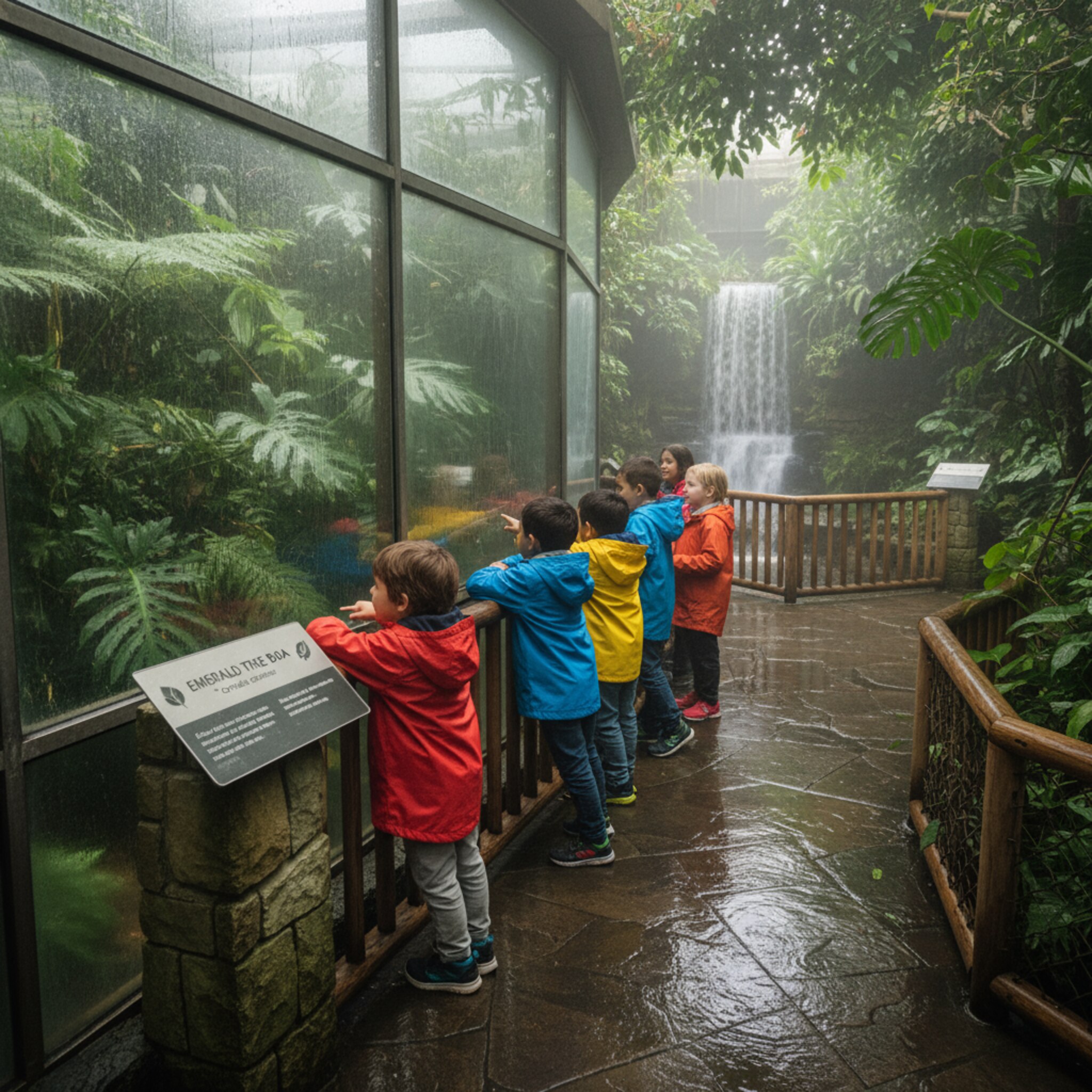 Im Tropenhaus perlt Regen an großen Scheiben herunter, die Luft ist feucht und dicht. Kinder mit bunten Regenjacken zeigen auf eine ruhende Schlange zwischen Farnen. Sanftes Licht fällt durch Blätter, ein Schild erklärt die Art. Gedämpfte Stimmen vermischen sich mit dem entfernten Plätschern eines Wasserfalls.