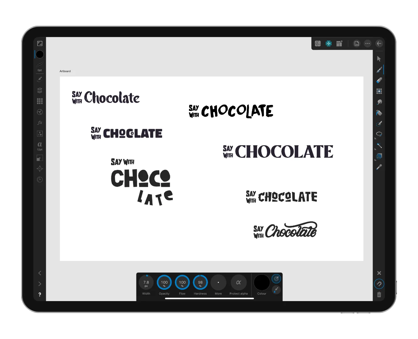 Logo design process for Say with Chocolate by Subiaco designer Andrew Salfinger, showing typography concepts and hand-lettering exploration on an iPad Pro.
