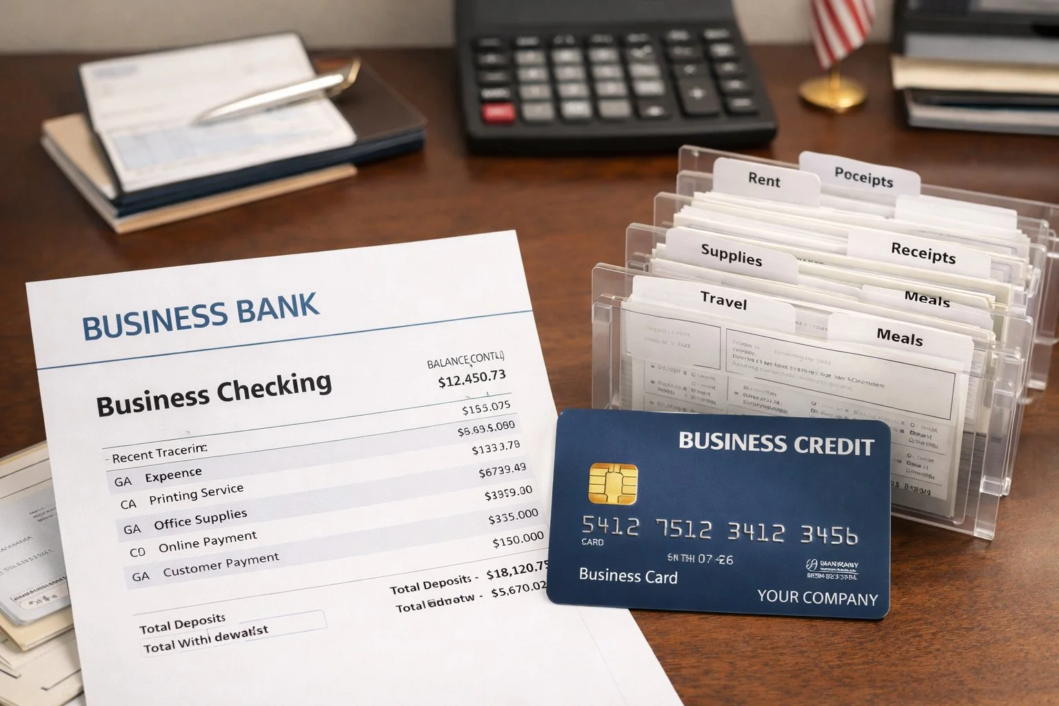 Clean workspace featuring a business bank account, business credit card, and neatly organized receipts, highlighting separation of personal and business finances.