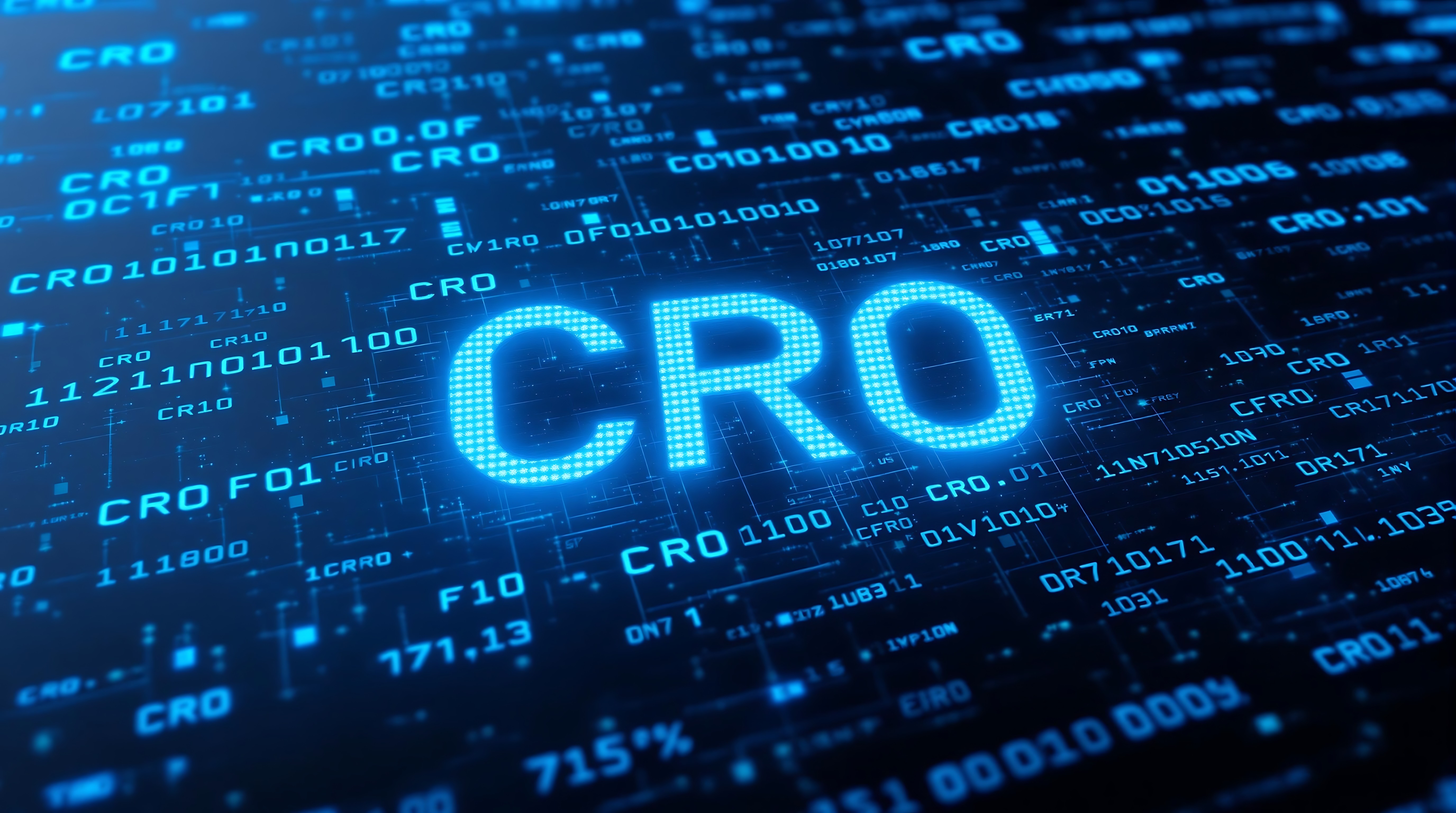 Glowing blue “CRO” text centered on a futuristic digital background filled with data, code, and numeric graphics representing analytics and conversion rate optimization.