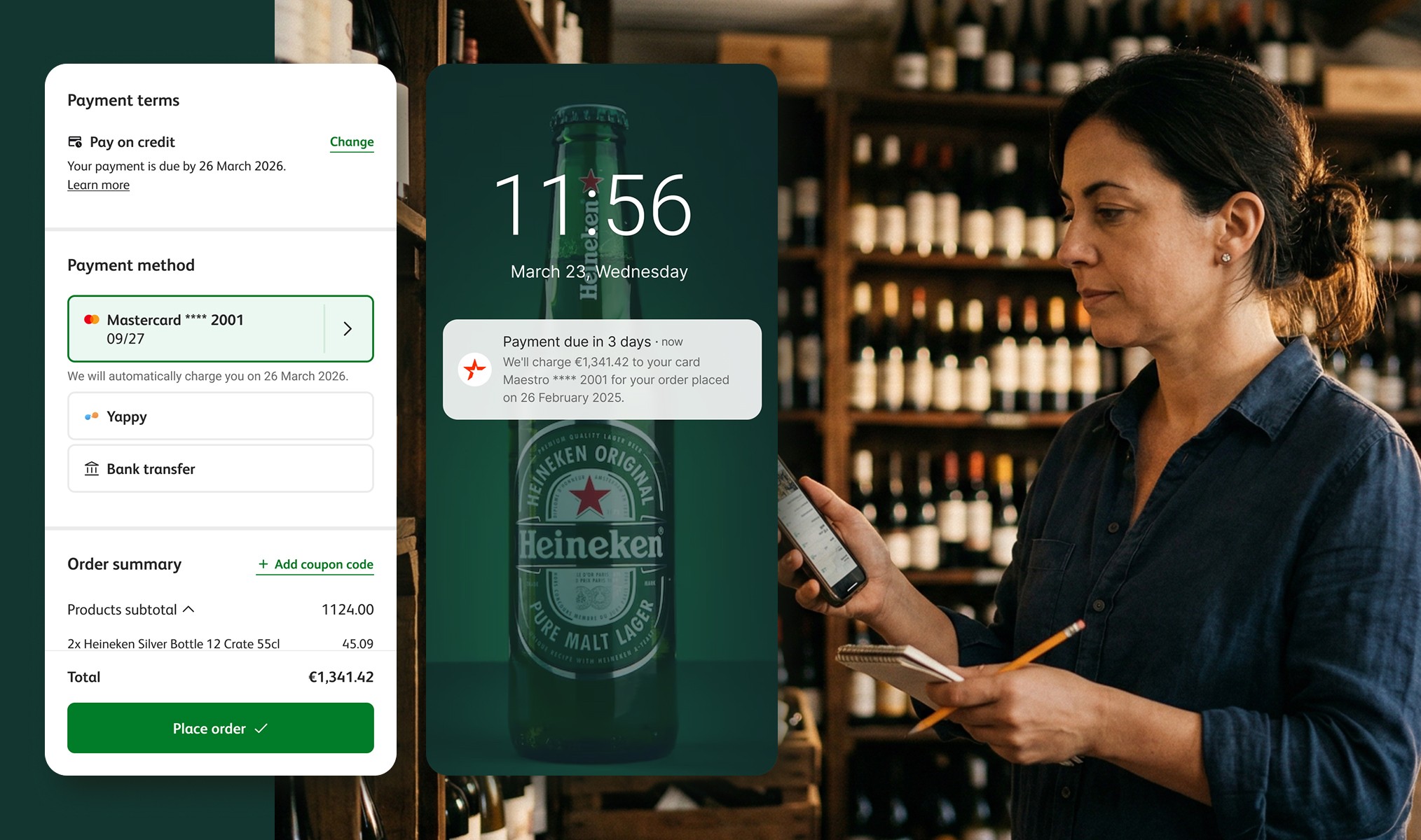 A woman reviewing her phone in a wine shop, next to a mobile checkout screen showing credit payment terms and a payment due notification.