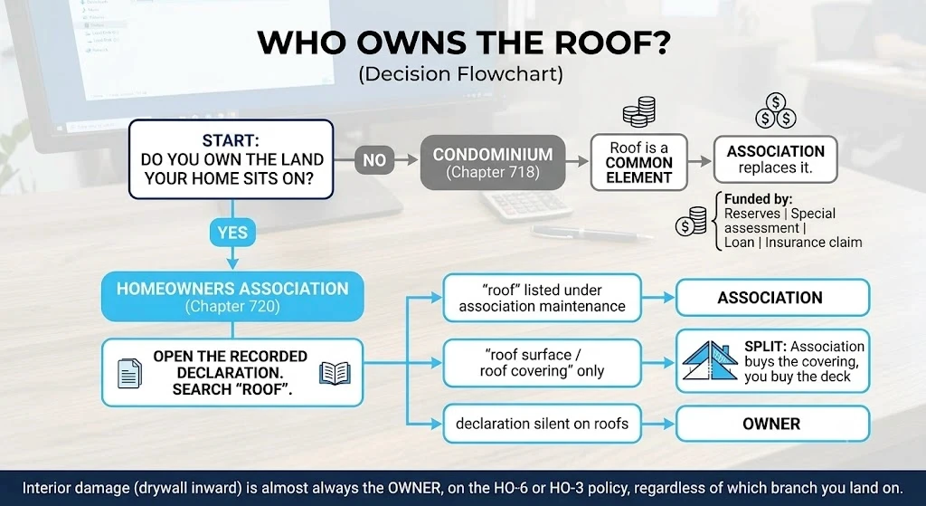 Property owner reviewing an HOA declaration of covenants document to find roof maintenance responsibility
