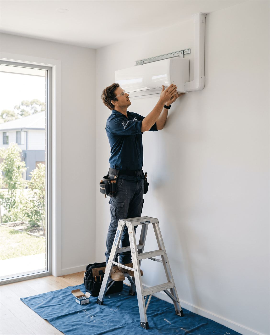 New split system being installed in a living room