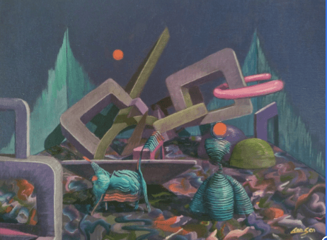 herd of sheep on road painting