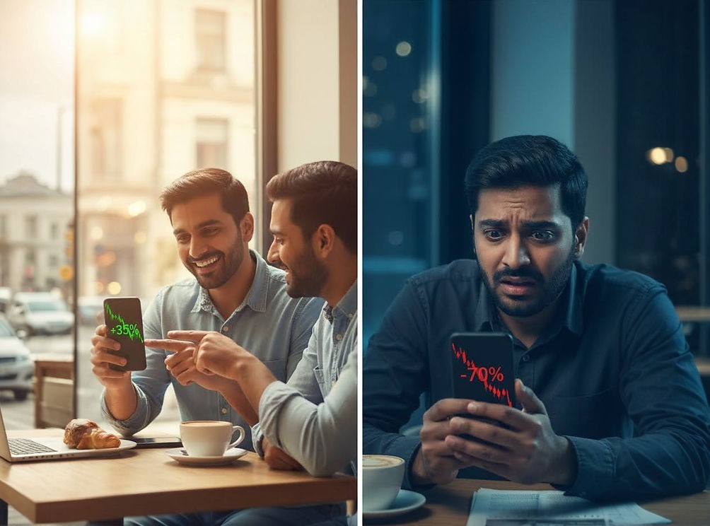 Two images: Left shows two men smiling at a phone with "+35%". Right shows one man upset at a phone with "-70%". Coffee cups and laptops present.