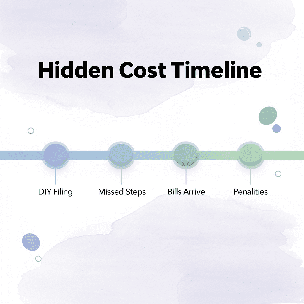 Timeline showing progression from DIY filing to unexpected penalties - How Much Does It Cost To Close An LLC