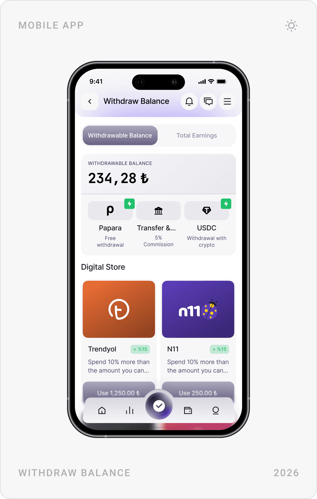Modern Wallet & Withdraw Balance Screen Design