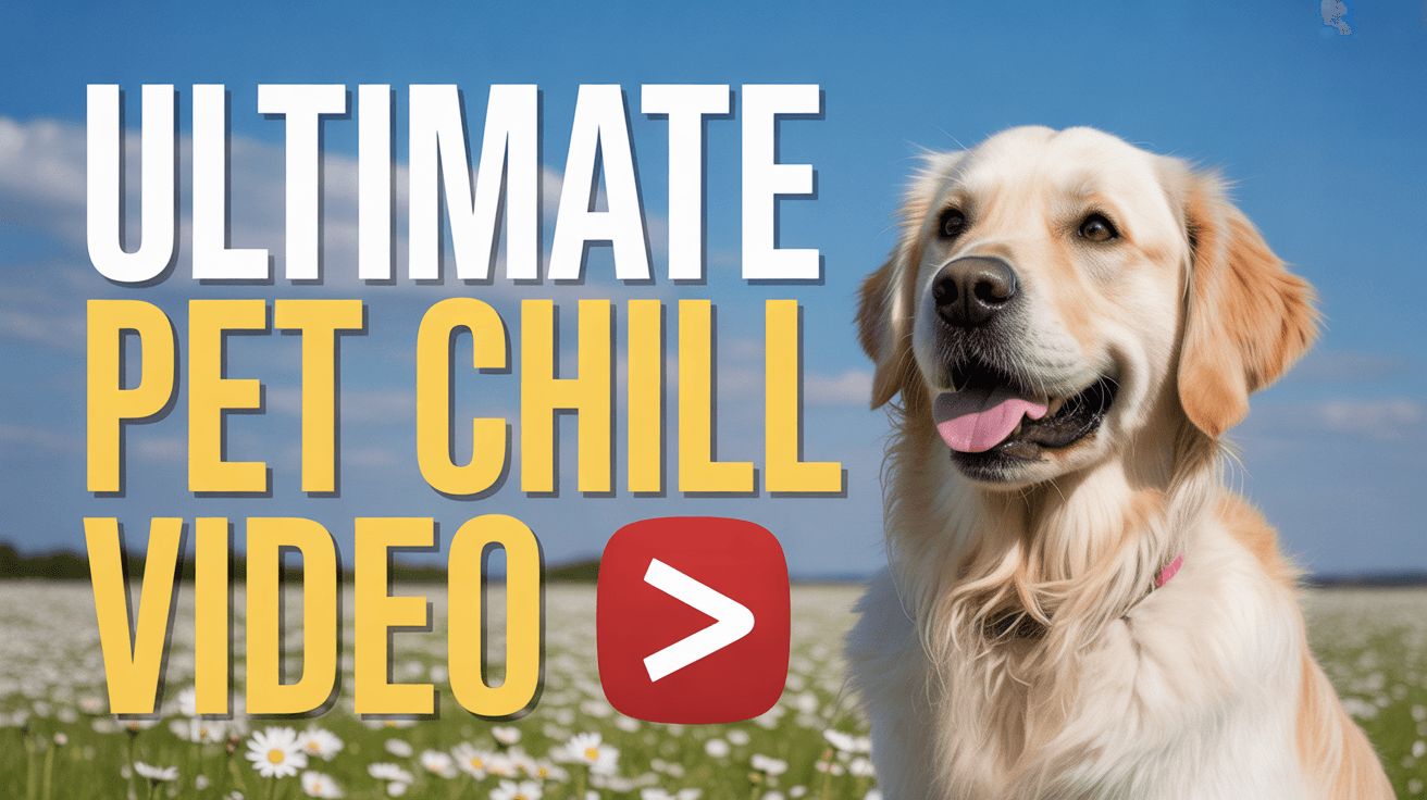 Smiling golden retriever in a daisy field with Ultimate Pet Chill Video text under blue sky