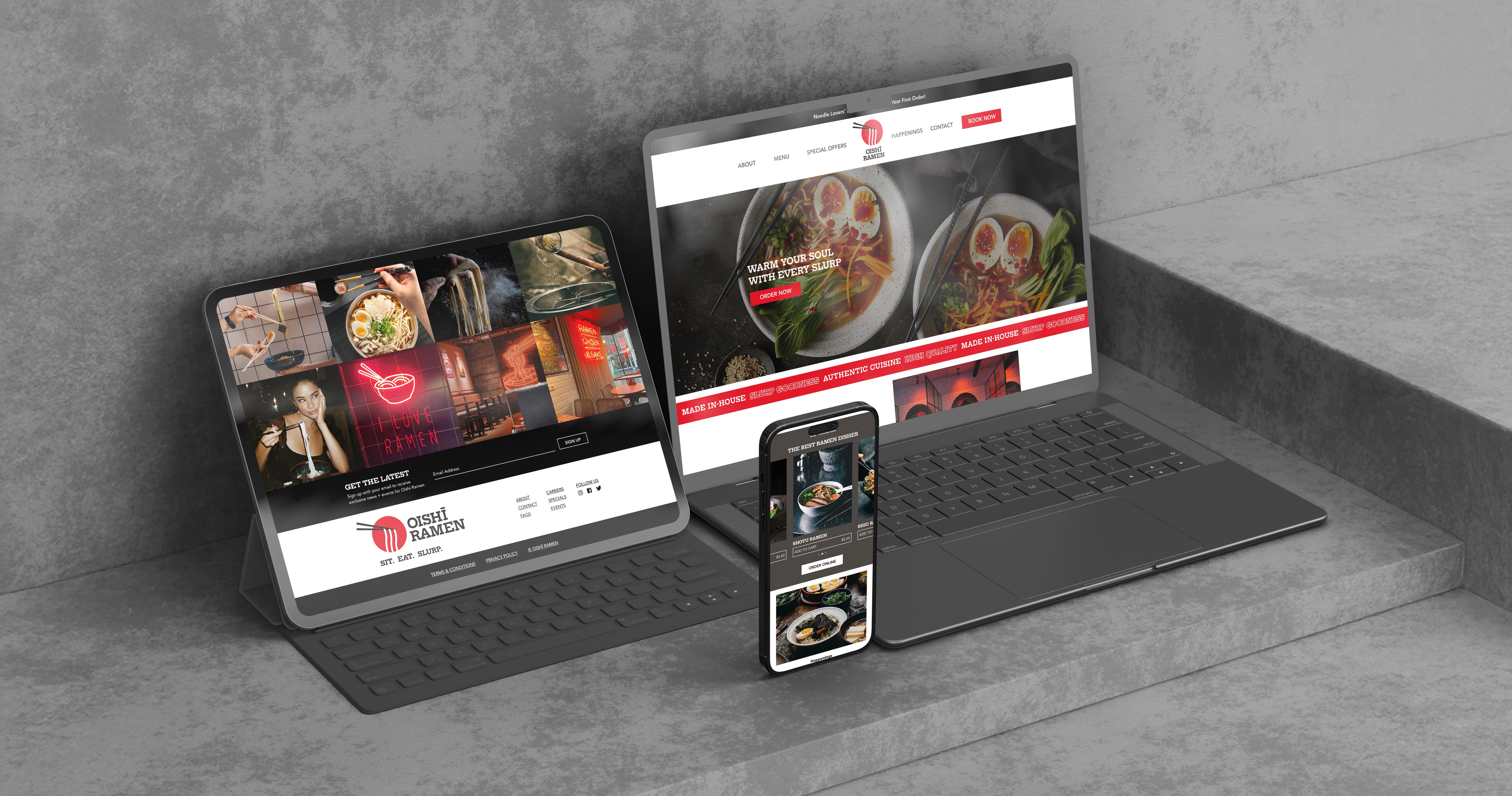 Mockup of the Oishi Ramen homepage shown on a laptop, tablet, and iphone.