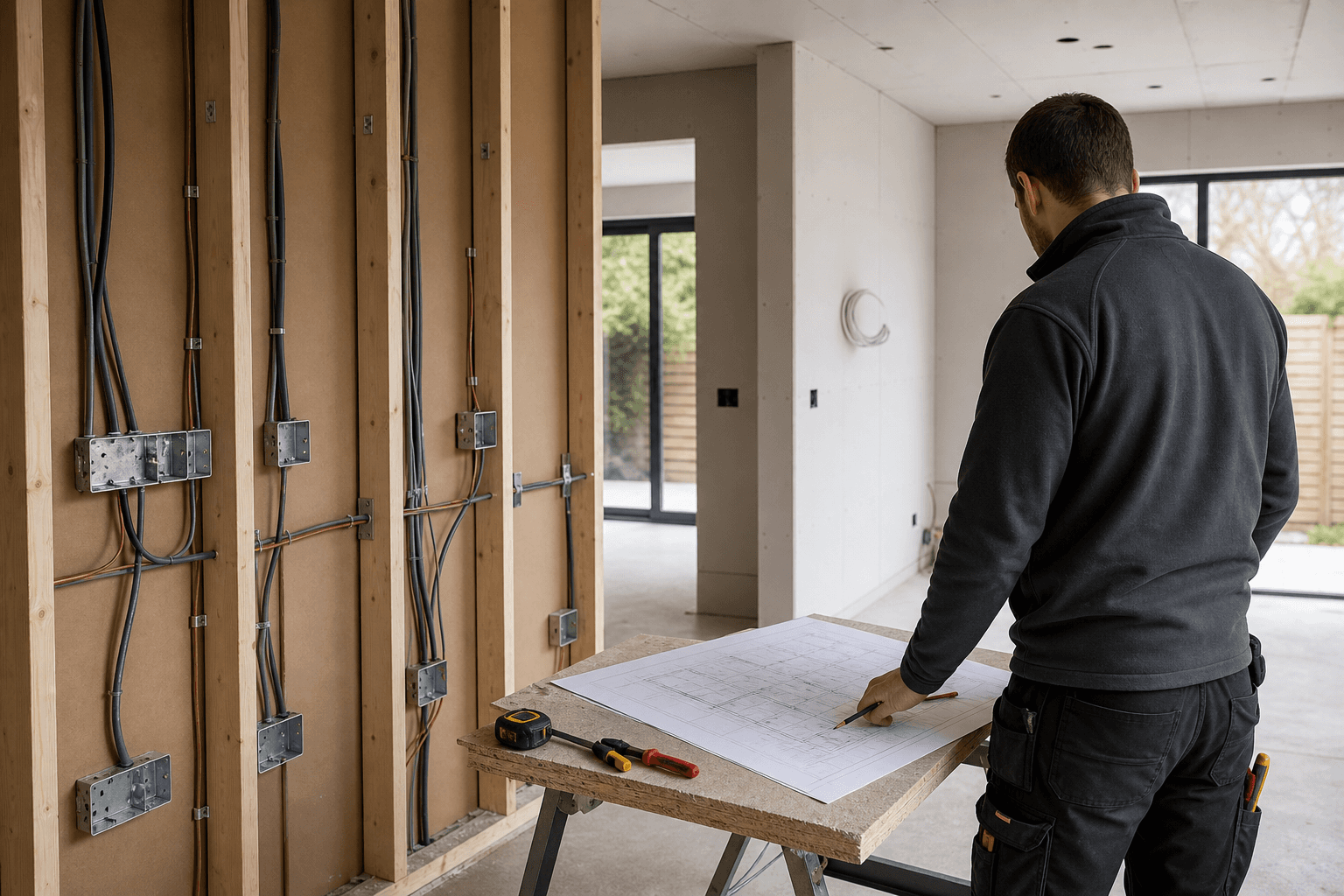 Electrician reviewing electrical plans beside neatly installed first-fix wiring in a home renovation.