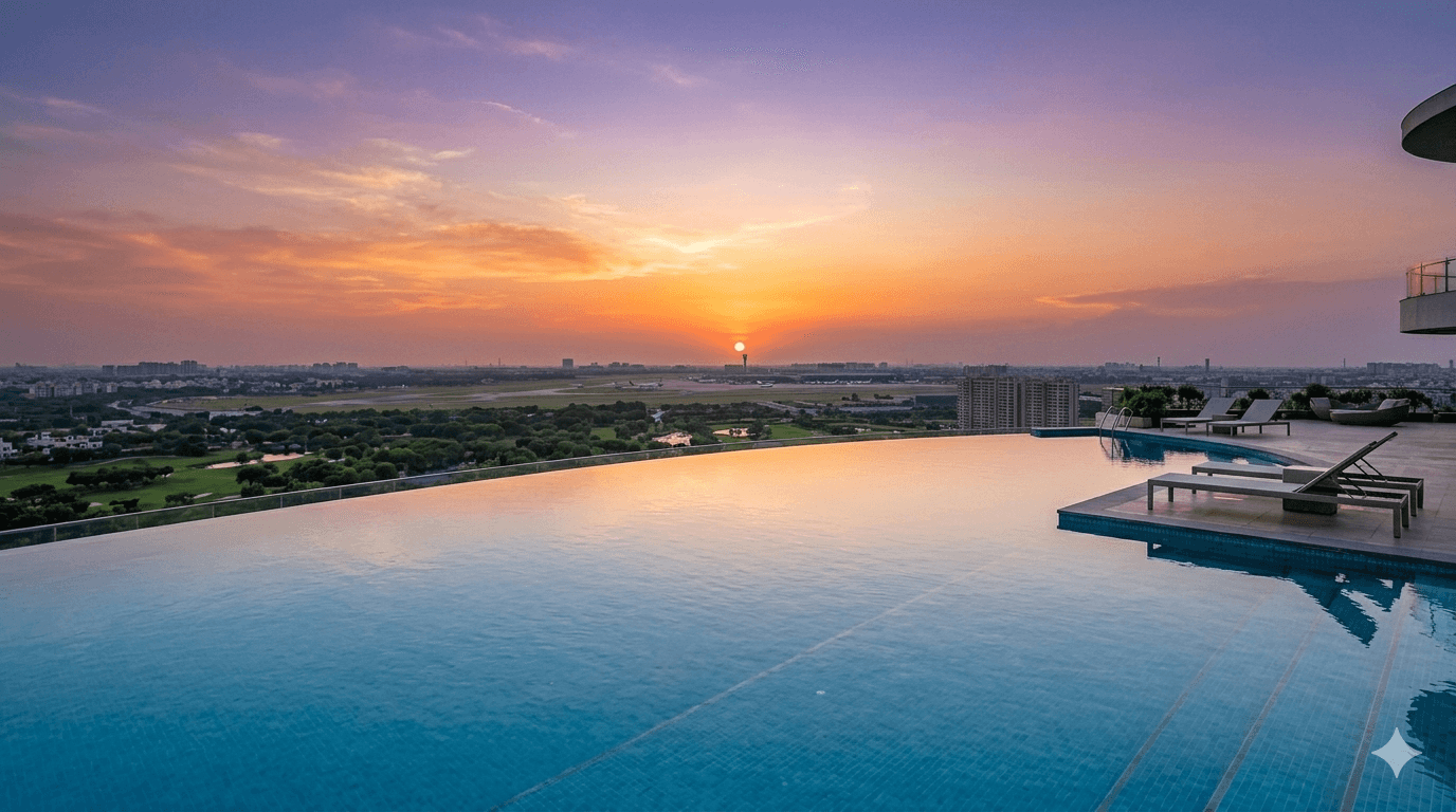 Luxury infinity pool at sunset overlooking the skyline in Sector 111 Gurugram