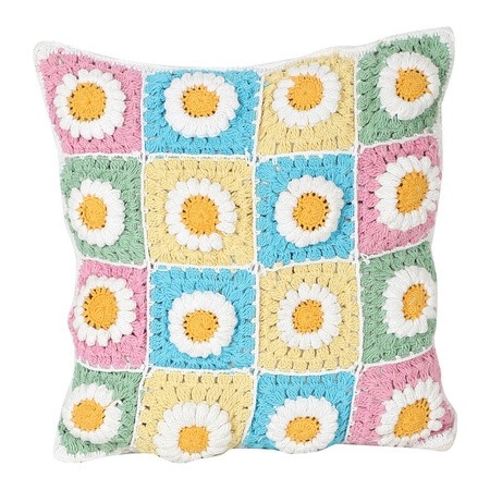 Handmade multicolor crochet cushion cover with daisy flower design
