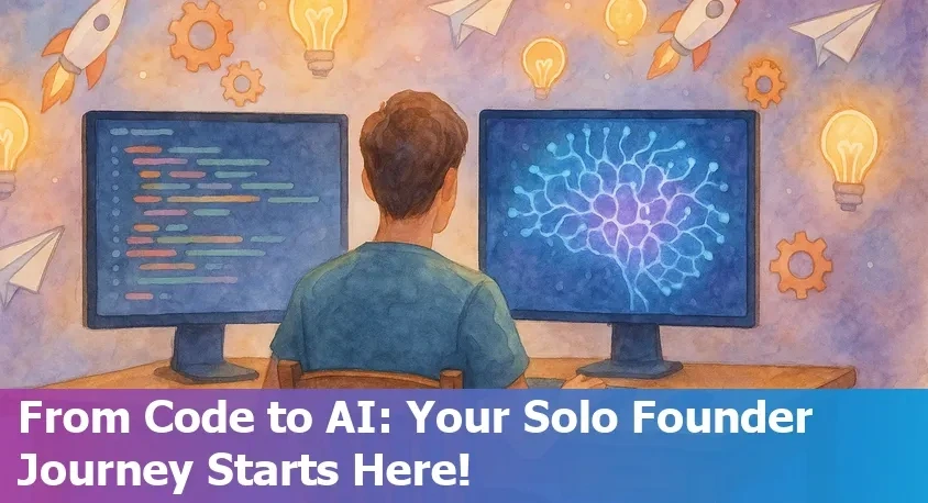 Person sitting between two monitors displaying code and AI neural network, symbolizing transition to solo AI startup founder.