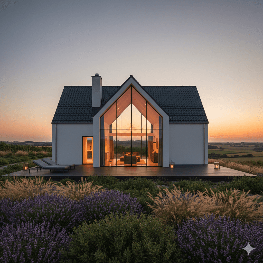 Modern house with large glass facade at sunset, surrounded by lush lavender and grass. Warm interior lighting creates a cozy and serene atmosphere.