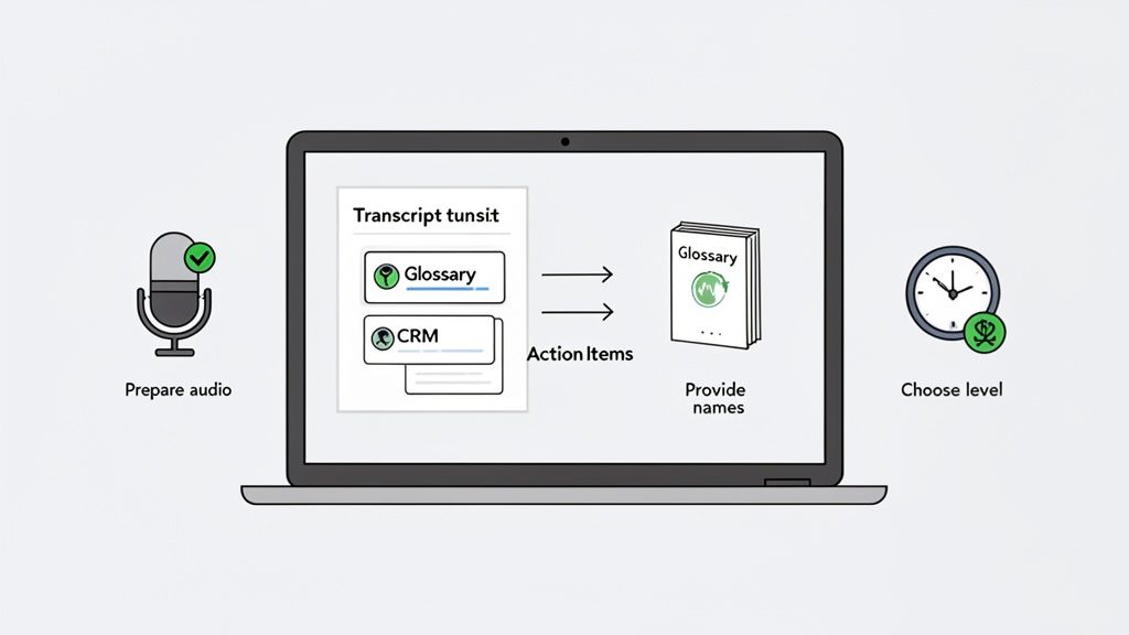 Workflow diagram showing audio preparation, transcription with glossary and CRM, and choosing service level on a laptop.