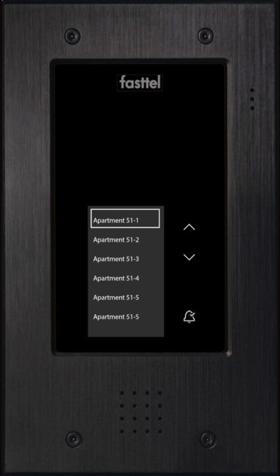 Black smart home device with screen showing time and temp
