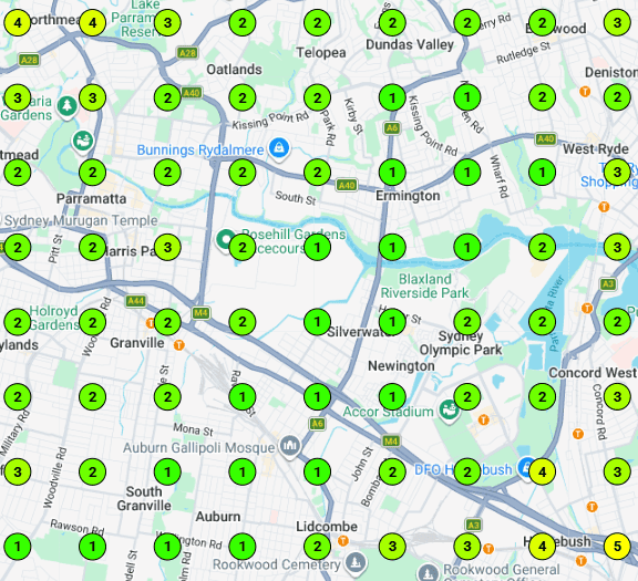 The result of the same business reaching the Top 3 on Google within 90 days. The map is all green instead and shows 1 2 and 3 in the same local area, unlike in the before photo where the business was ranked 20+ and showing red colours everywhere
