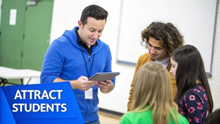 An instructor in a blue hoodie demonstrates a tablet to students during an interactive learning session.