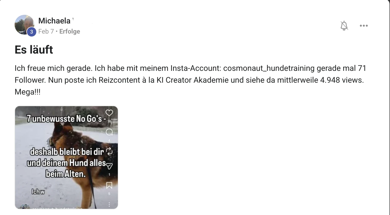 Mitglied der KI Creator Akademie: Hundetrainerin Michaela erzielt 4.948 Views mit nur 71 Followern