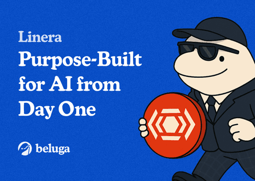 linera red and white logo in the hands of beluga's mascot on a blue background with white text