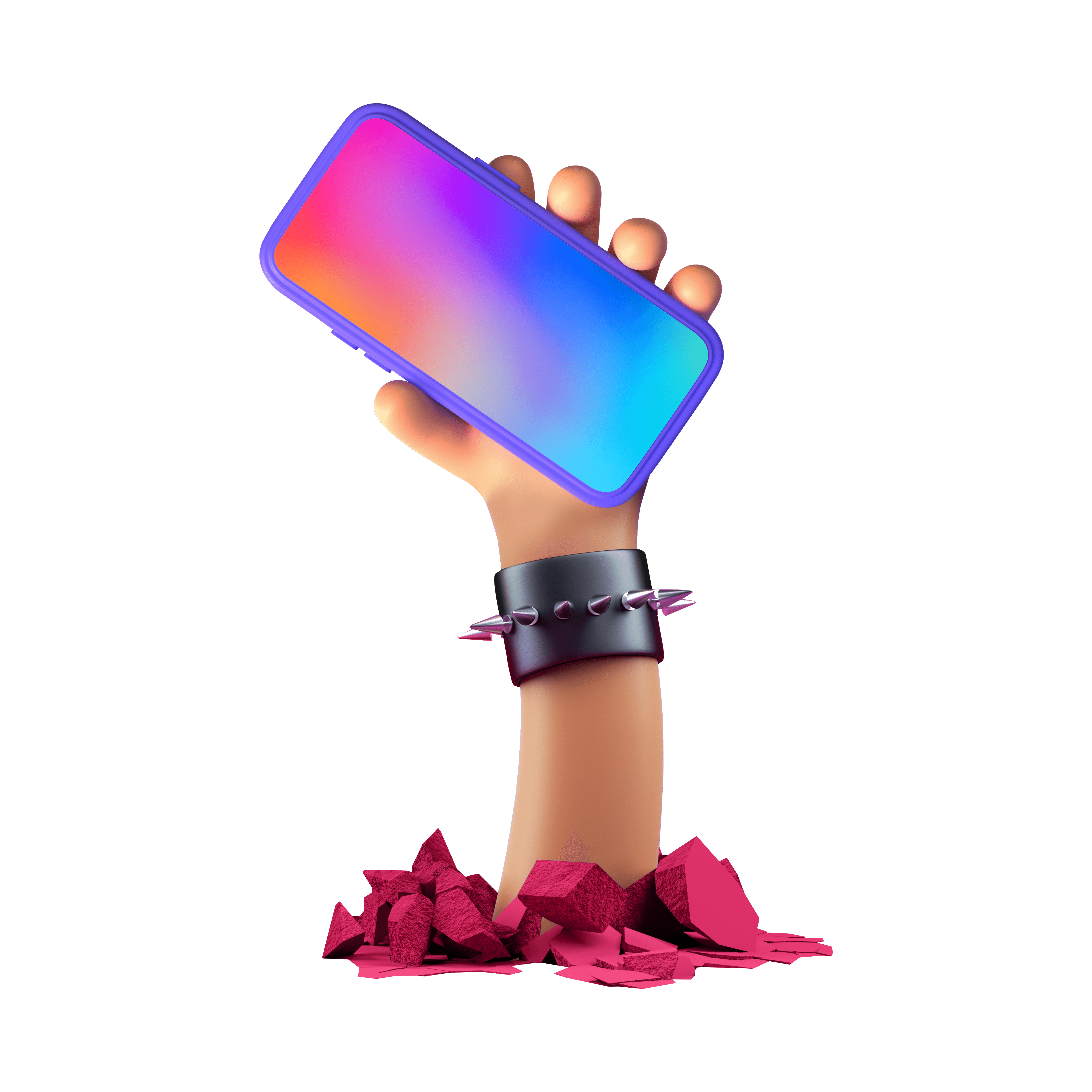 A hand emerges from red, rocky ground, holding a colorful smartphone triumphantly.
