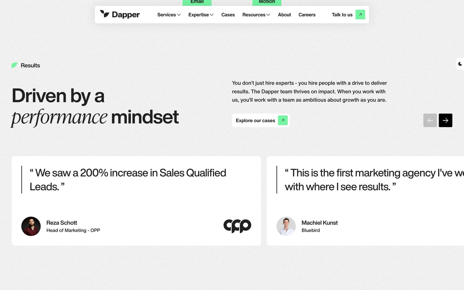 Bold text: "Driven by a performance mindset." Two testimonials with quotes about marketing results. Logos: CPP, Bluebird.