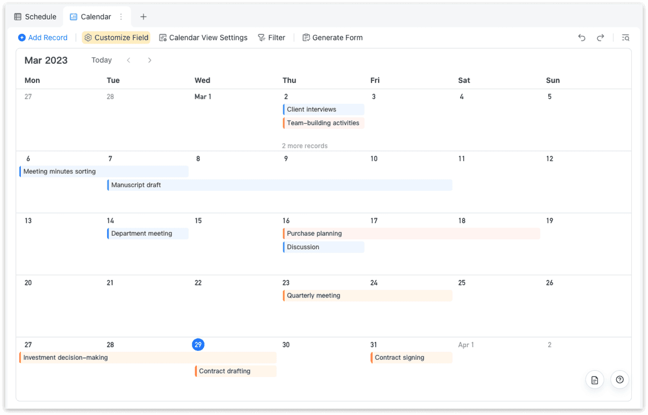 Project tasks listed on a calendar in Calendar view