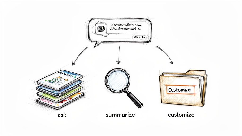 AI chatbot diagram illustrating functions: asking, summarizing, and customizing information across devices.