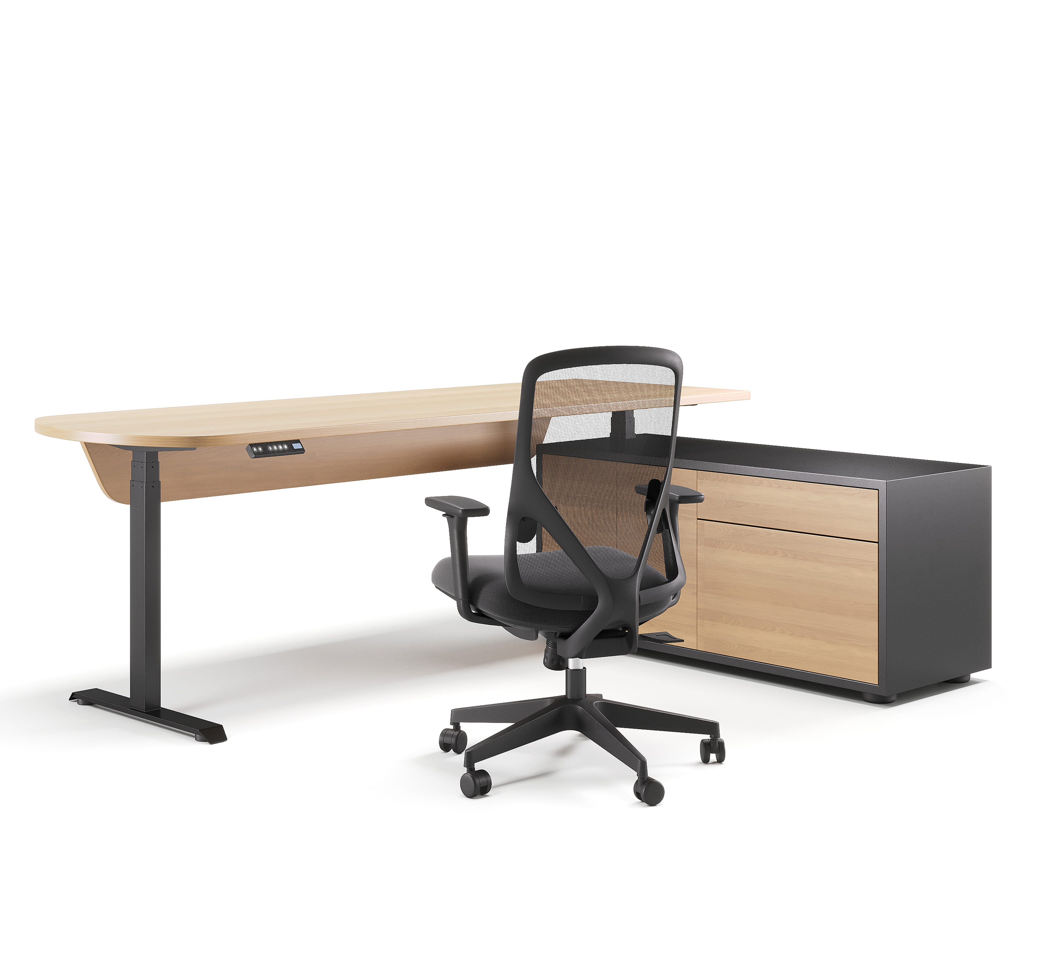 Adjustable office desk with ergonomic chair and storage cabinet in modern setup