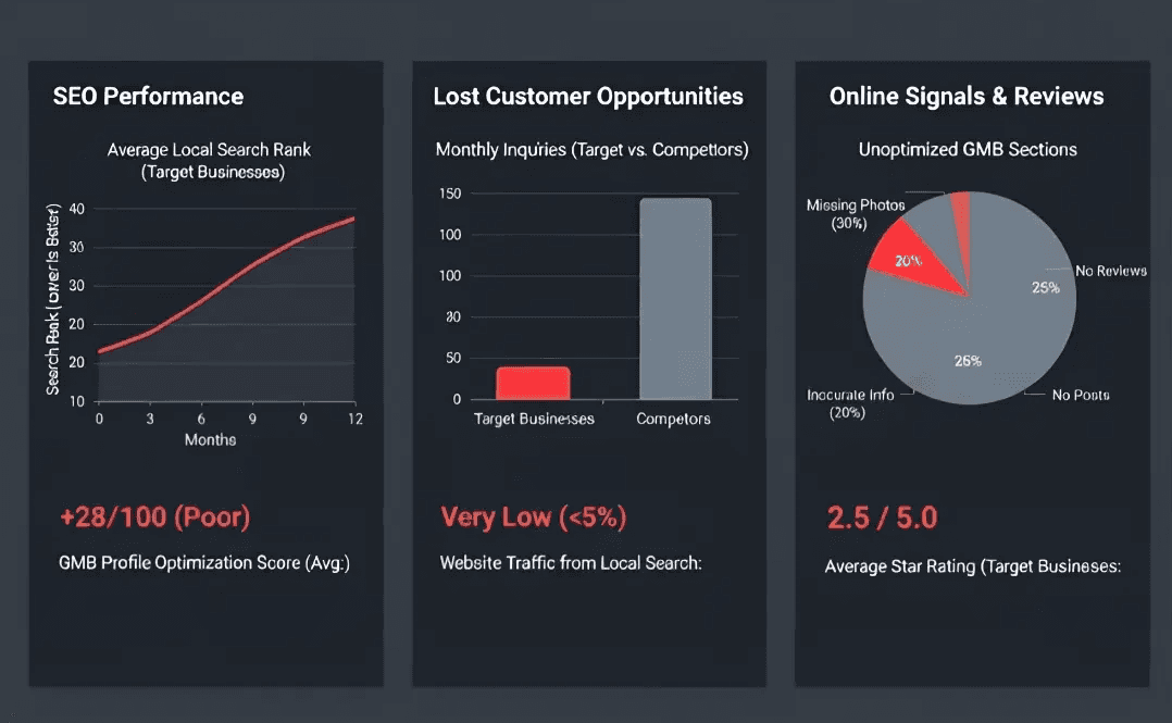 Local SEO strategy insights dashboard displaying SEO performance growth curve, lost customer opportunities analysis vs competitors, and GMB profile optimization score metrics demonstrating data-driven local marketing strategy