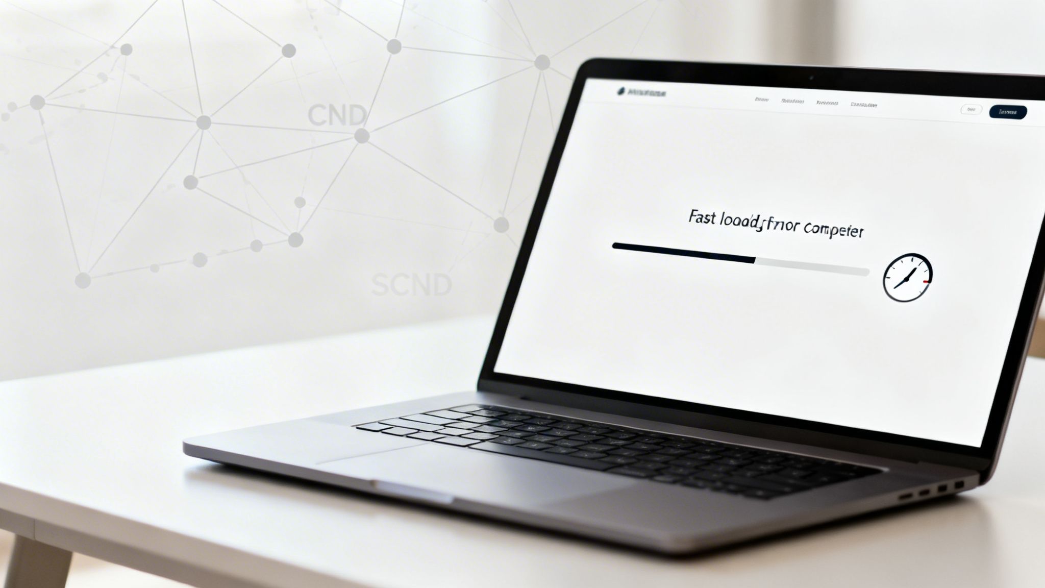 A laptop screen showing a loading bar and speedometer against a network diagram background.