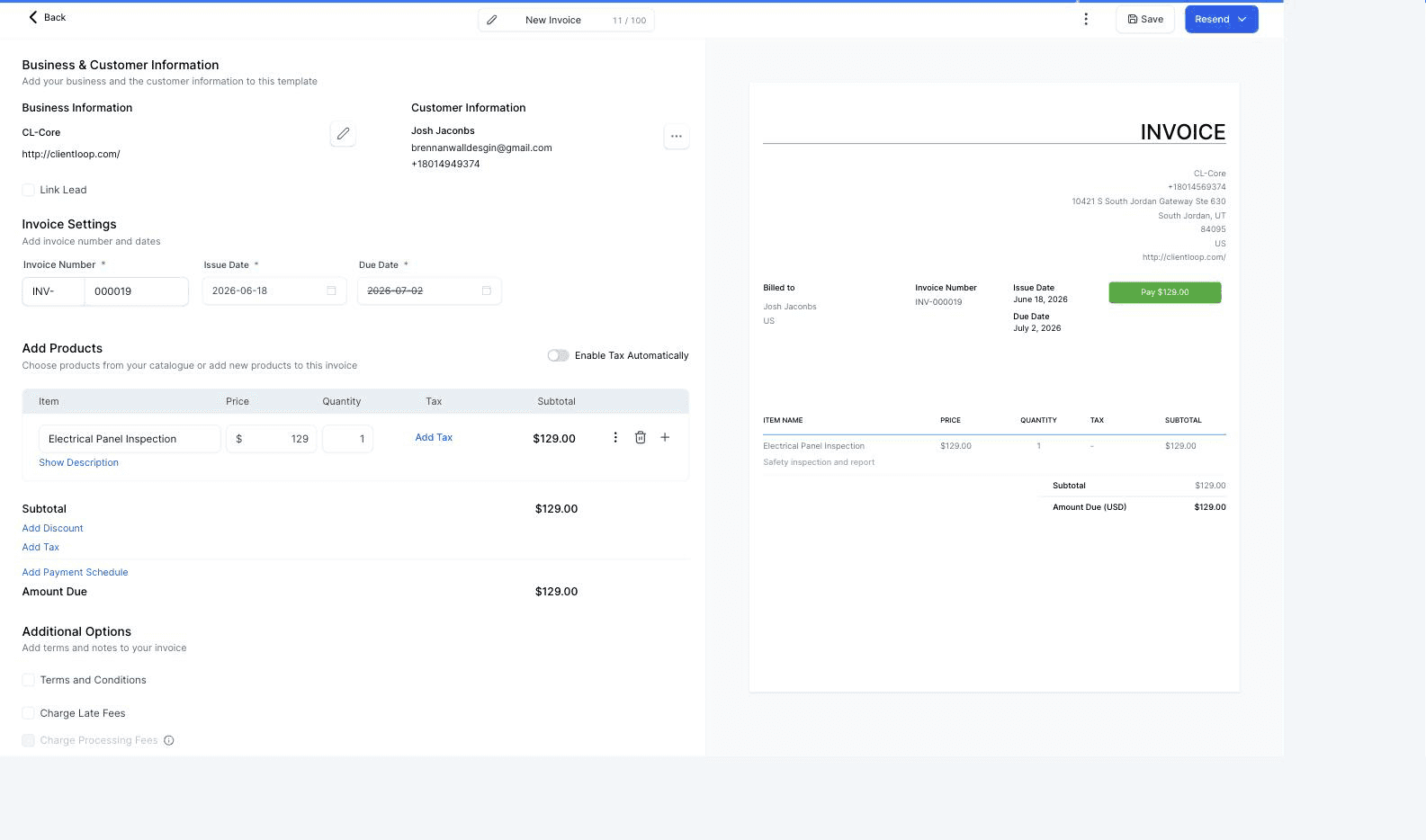 The invoice builder with a real line item and the customer’s Pay button