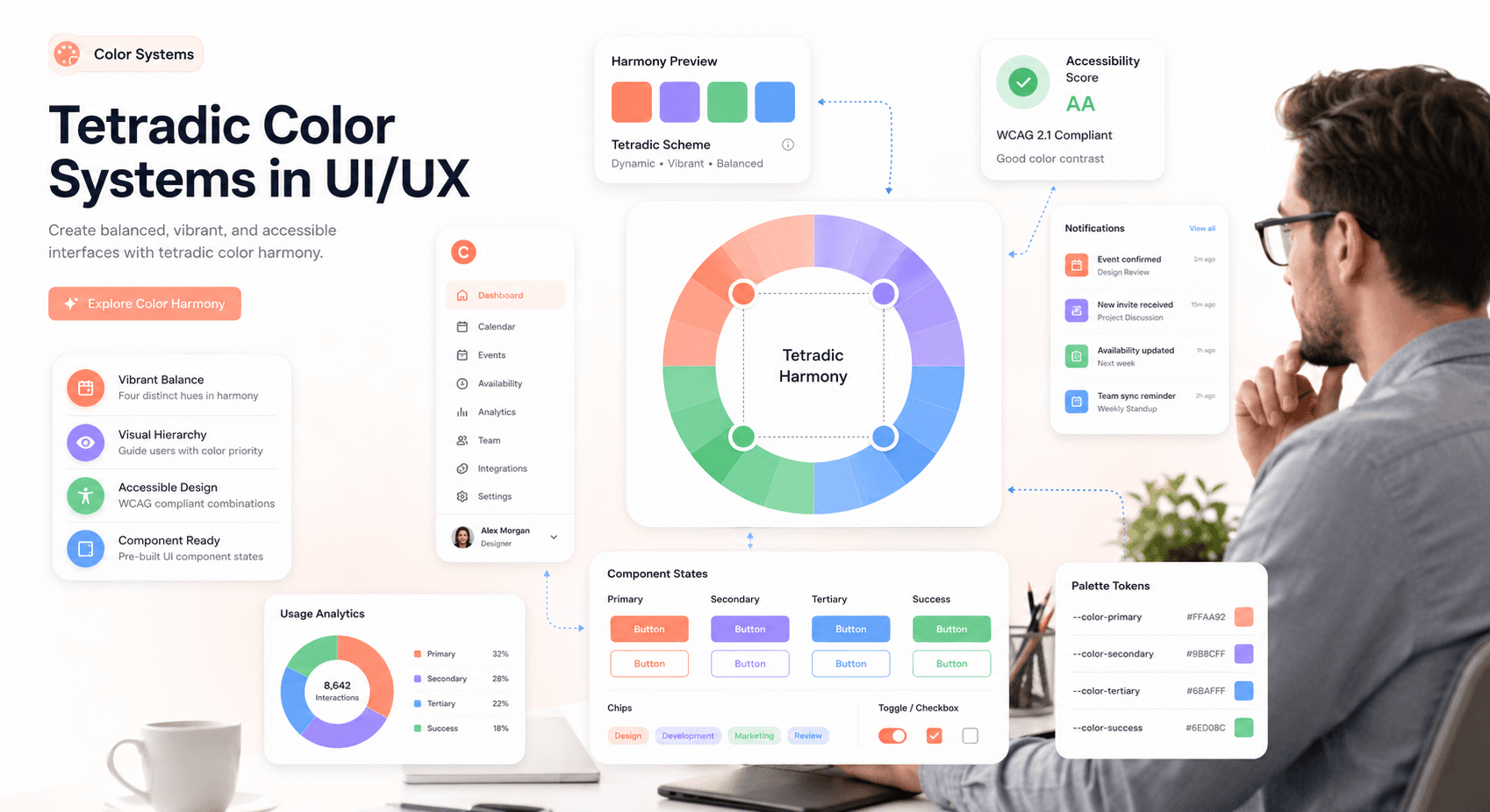 “Modern SaaS dashboard illustrating tetradic color theory with floating UI cards, balanced warm and cool palettes, accessibility indicators, and a designer reviewing interface color systems.”