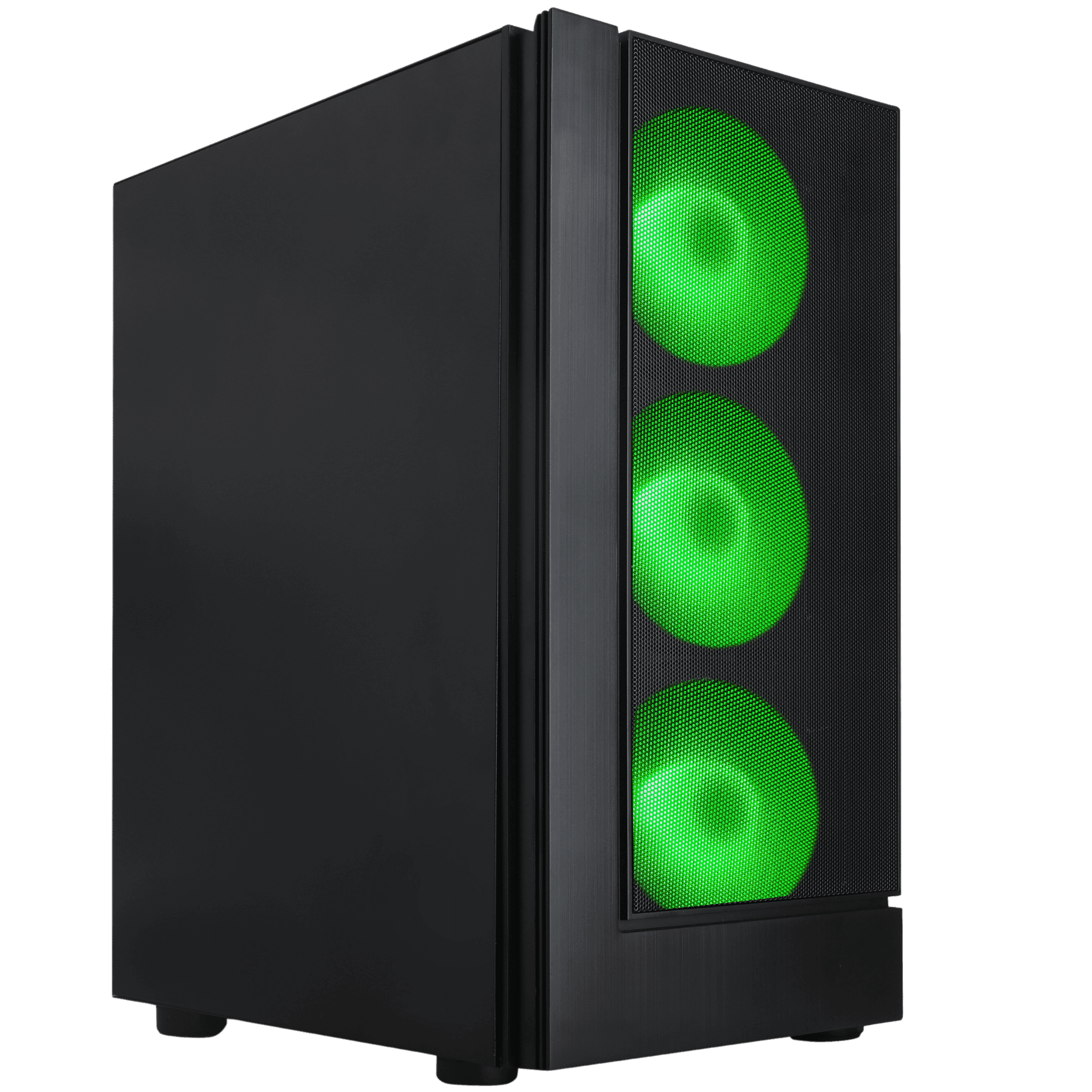 A modern and stylish black gaming PC tower equipped with four vibrant green LED fans visible through a transparent side panel. This tower is designed for high performance as it likely includes top-of-the-line components such as an advanced GPU and efficient cooling system, making it ideal for gaming and heavy computational tasks. The sleek design and vivid lighting emphasize its appeal to gamers looking for the latest in PC gaming technology for 2023. This model combines aesthetics with functionality, ensuring it stands out in any setup while delivering excellent gaming and multitasking performance.