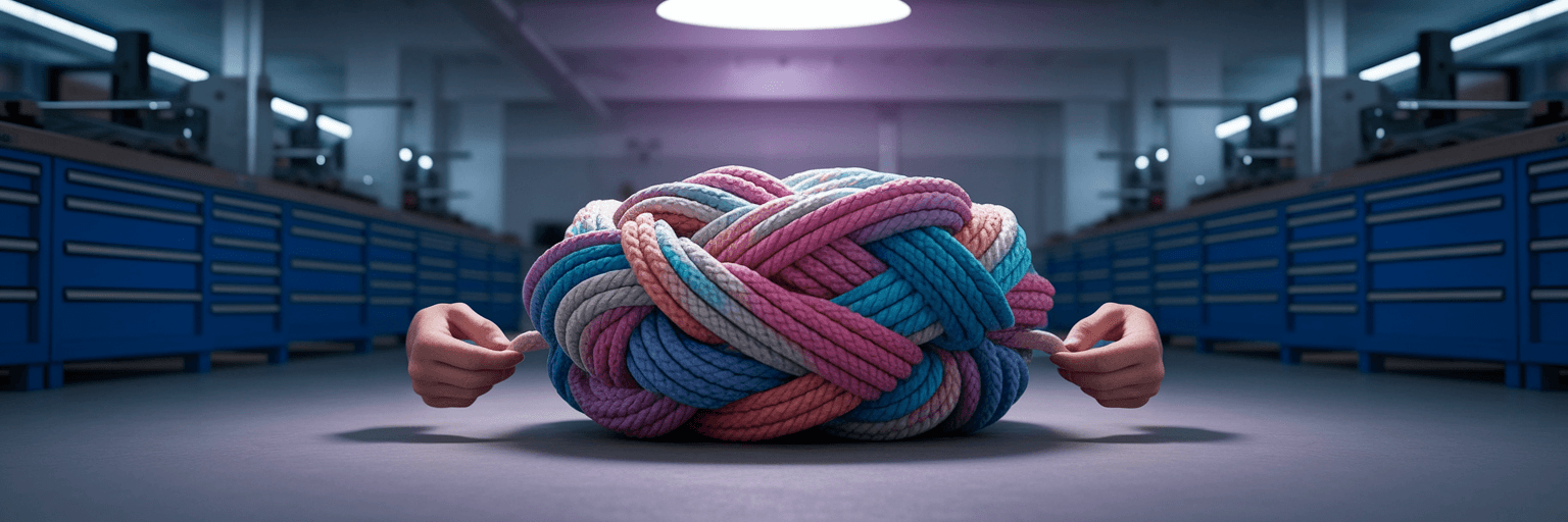 Experienced hands untangling a complex knot of ropes.