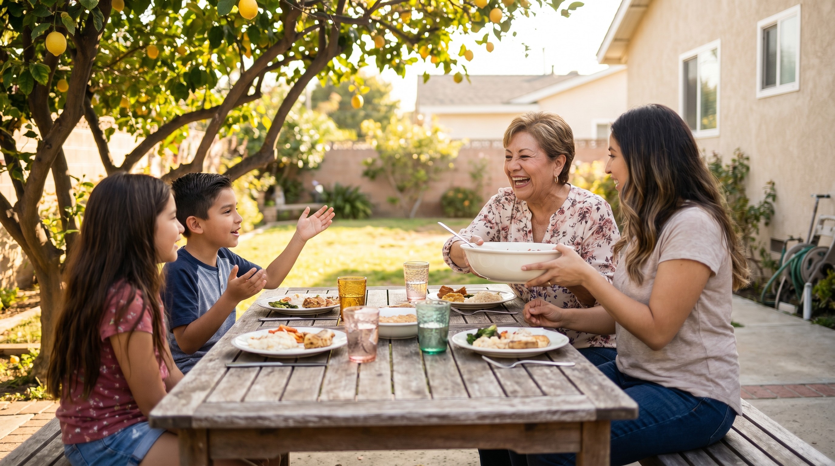 Multigenerational Southern California family laughing together over lunch in a sunny La Mirada backyard