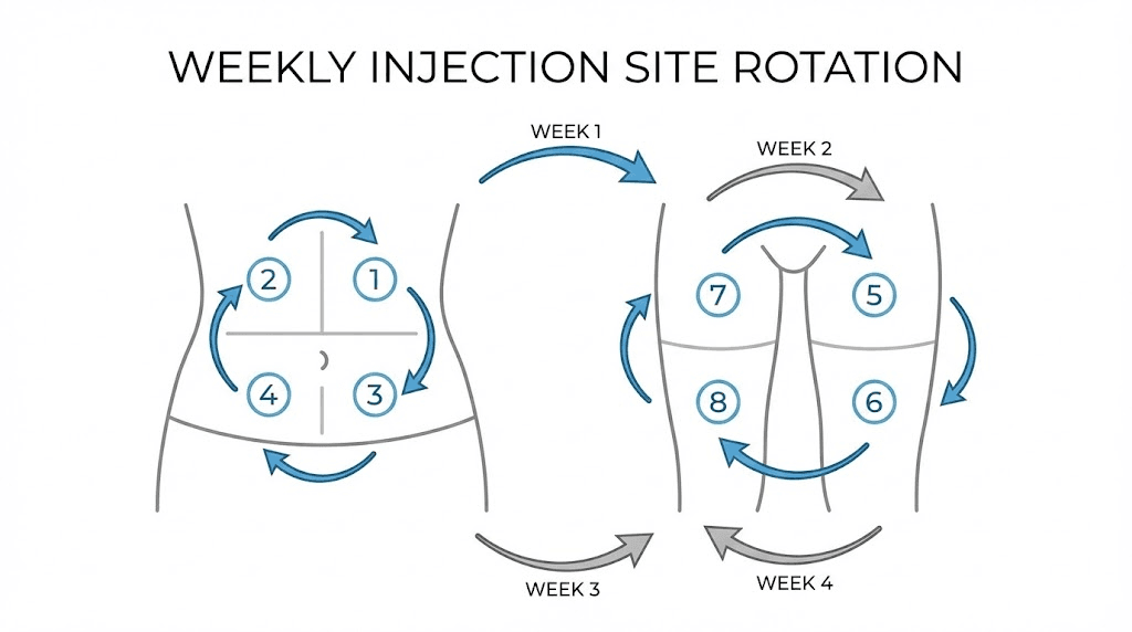Tirzepatide injection site rotation schedule grid diagram