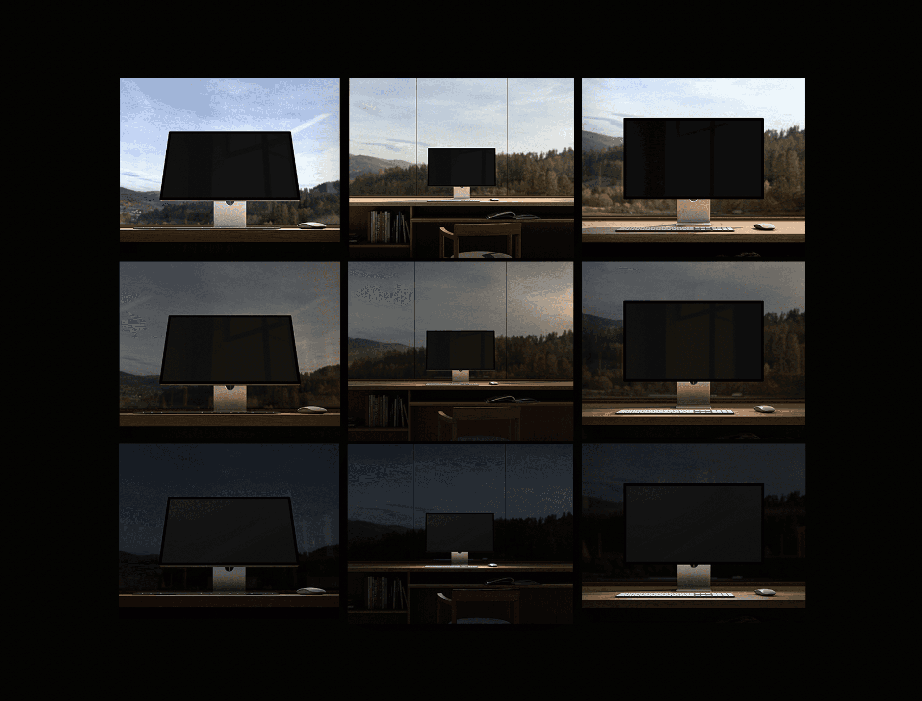 Willow collection showing desktop SaaS UI mockups across dawn, dusk and night interior environments