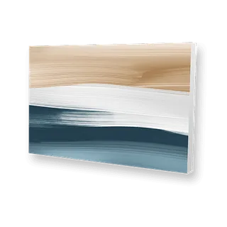 Abstract painting with layered brush strokes in neutral and blue tones