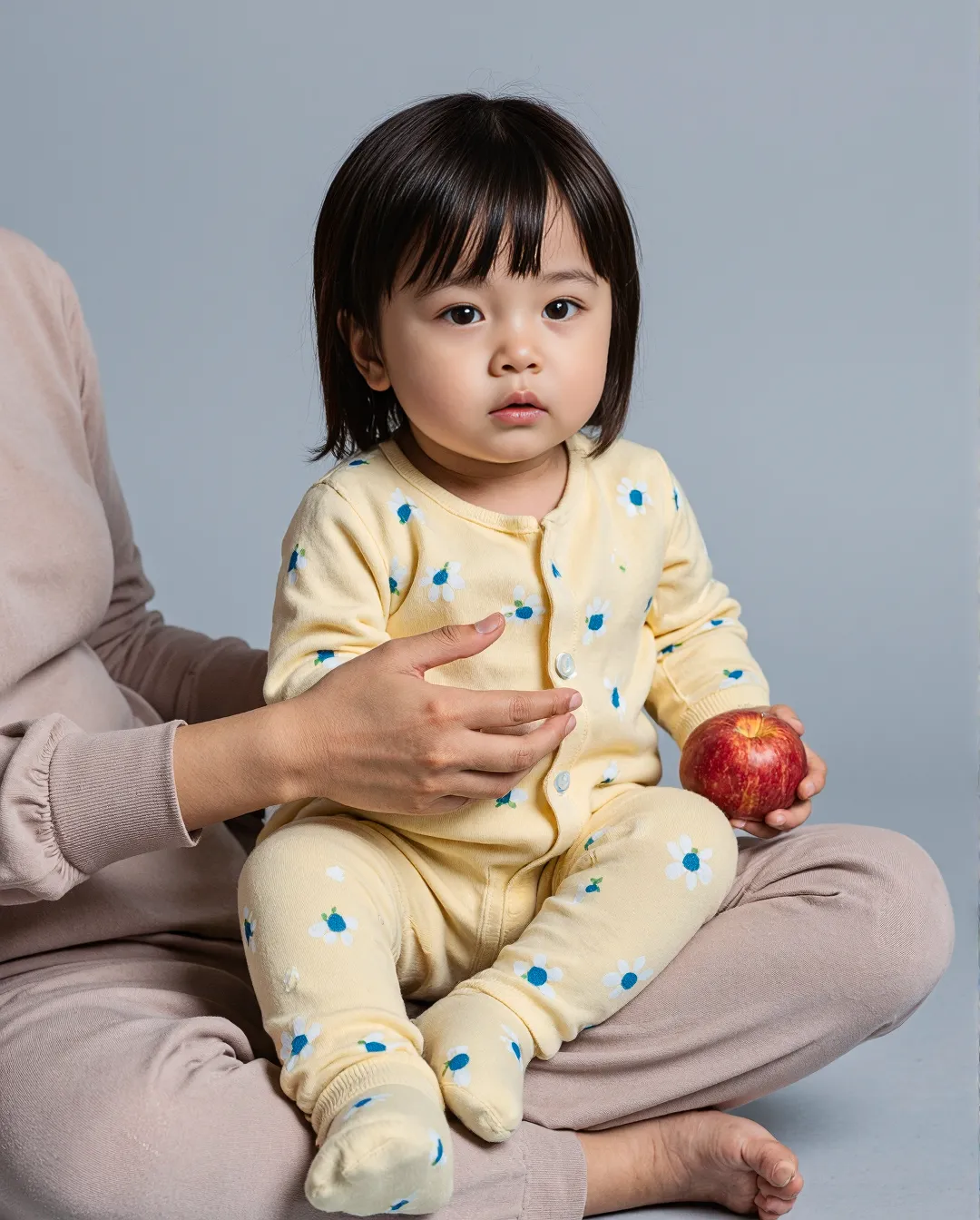 Child wearing yellow floral pajamas holding an apple, sitting on adult's lap against light blue backdrop in professional studio setting.