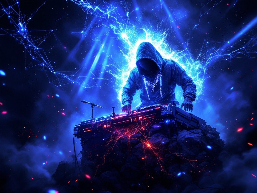 A hooded figure, seemingly a DJ, is positioned behind a futuristic turntable, enveloped in vibrant blue and red electric energy. The scene is set against a dark, cosmic backdrop, enhancing the dramatic effect.